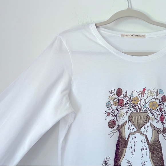 Peruvian Connection Pure White Stag Folklore Long Sleeve Cotton Tee Transitional - Picture 4 of 8